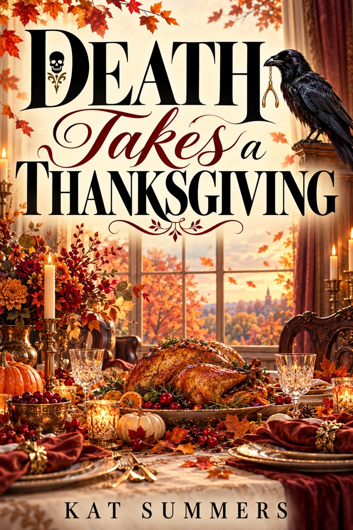 Death Takes a Thanksgiving by Kat Summers book cover, with Corvus above a candlelit autumn feast