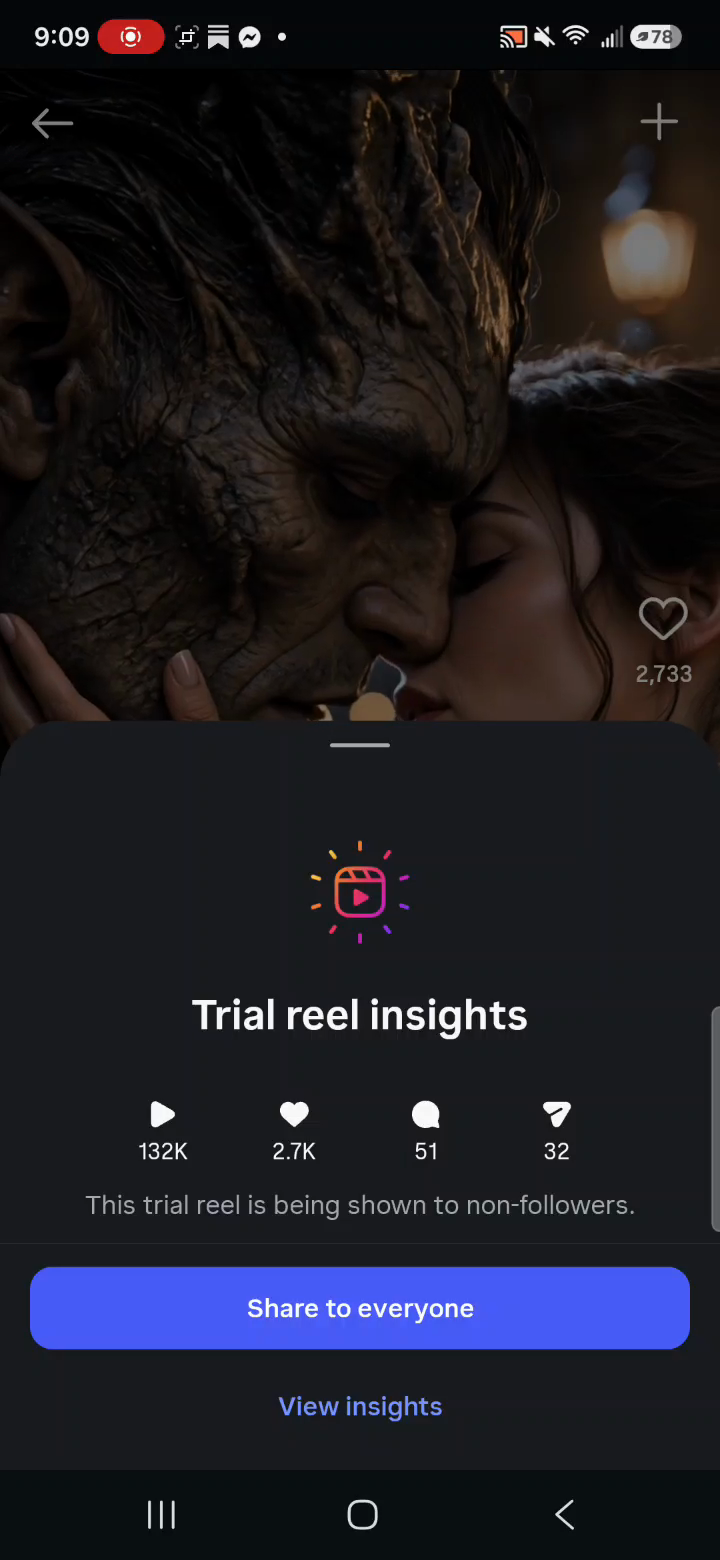 Trial reel insights panel with Share to everyone and View insights buttons