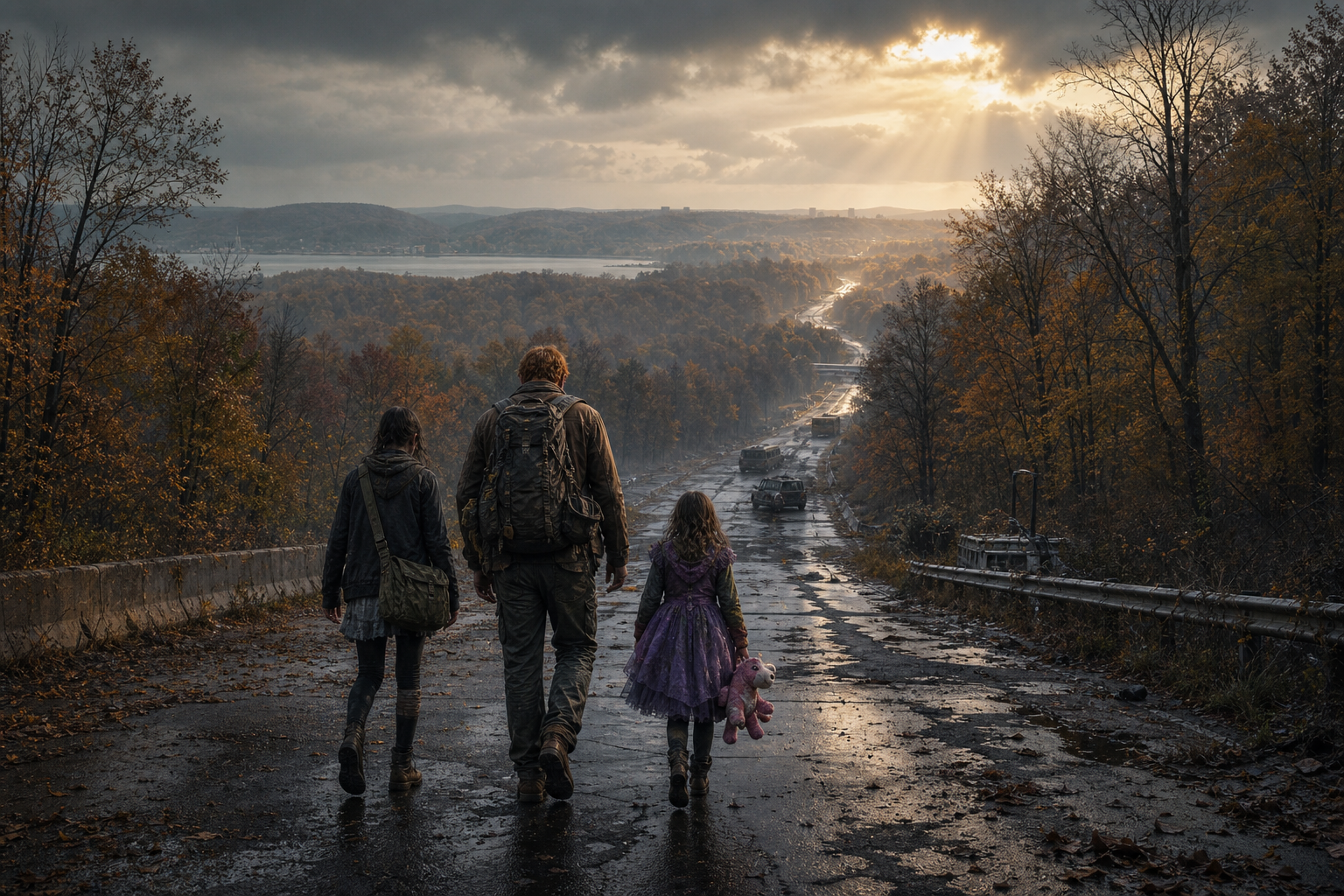 Ashlynn, Leith, and Katrina travelling through a ruined world